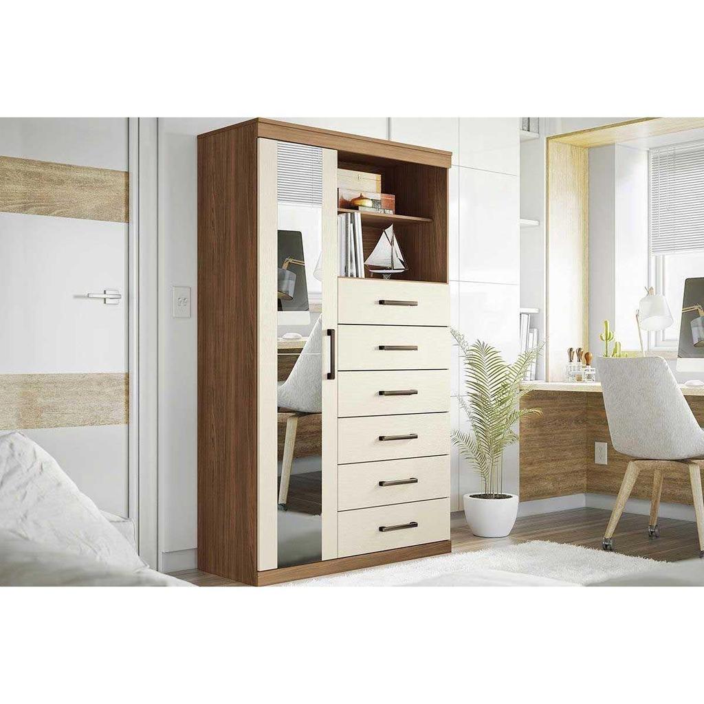 Cômoda de Quarto Marabá 1.6 c/ 1 Porta 2 Nichos e 6 Gavetas c/ Espelho jatoba/Areia - Santos Andirá