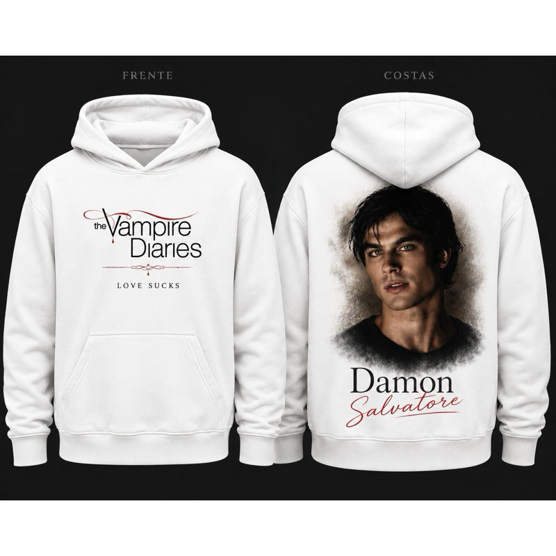 Blusa Moletom Damon Salvatore TVD Com Capuz Unissex Série The Vampire Diaries