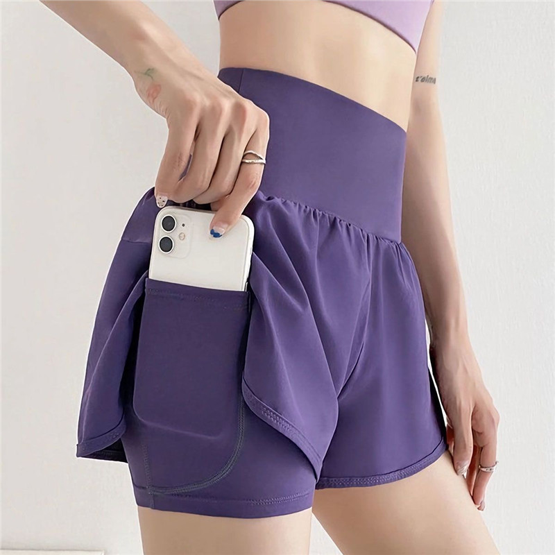 2024 verão estilo fino feminino Fitness esportes falso de duas peças Anti-exposição Shorts de três pontos cintura alta q