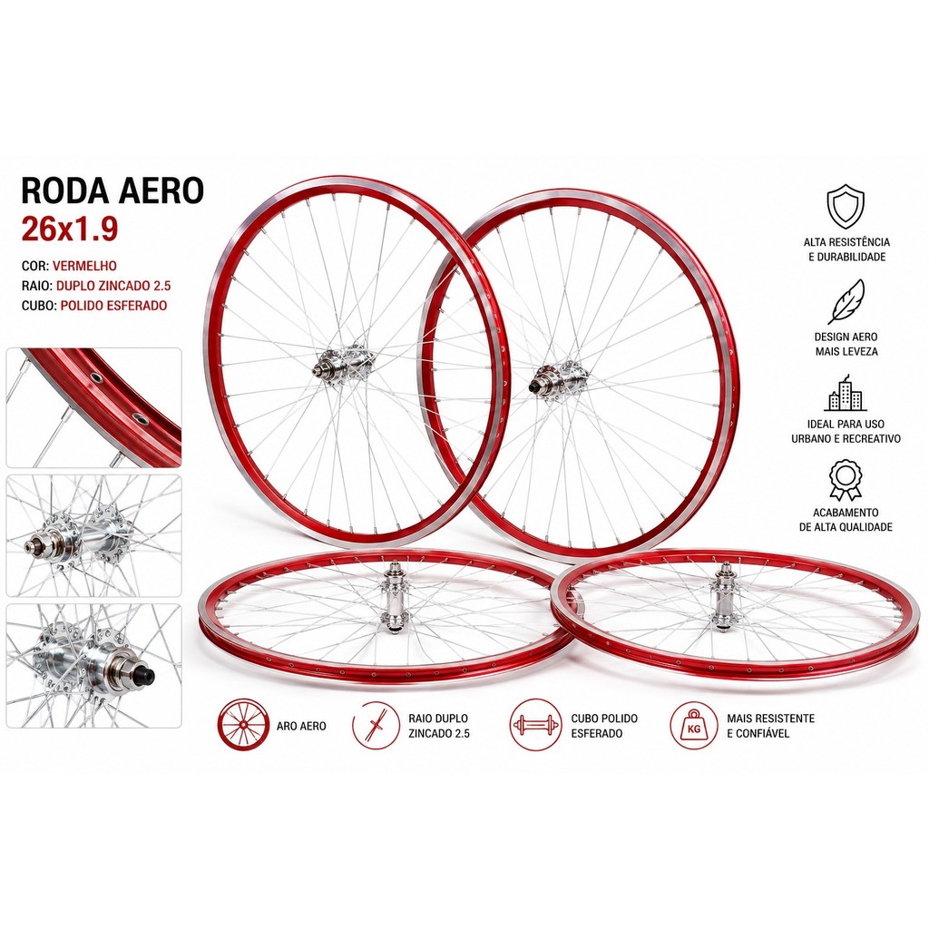 Roda Bicicleta Aro 26 Aero 26x1.9 Cubo Aço Raios Grossos 36 Furos Vermelha Bike MTB Aro Reforçada