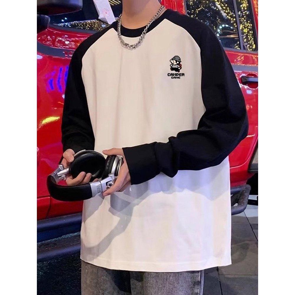 Camiseta masculina de manga comprida Raglan de algodão pesado primavera outono novo estilo estilo americano contraste co
