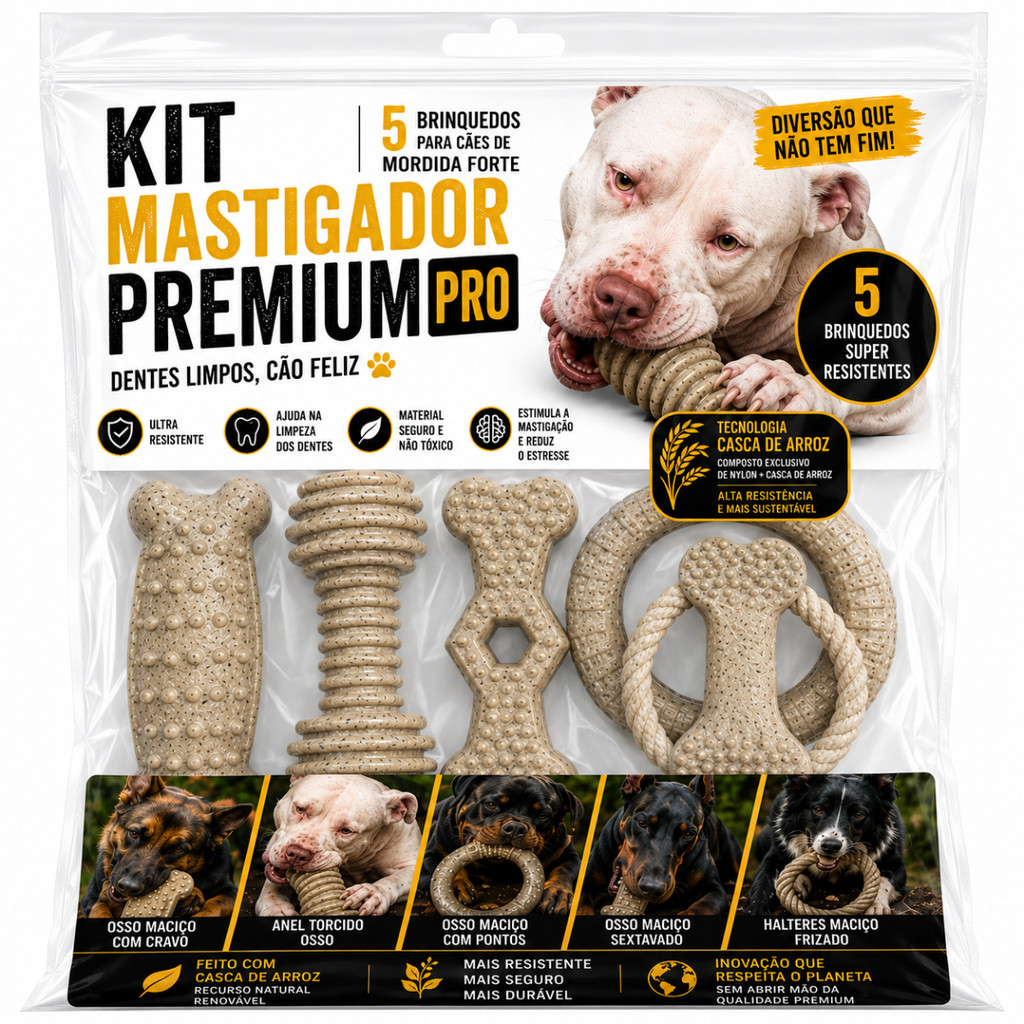 KIT MORDIDA FORTE ECO PREMIUM – 5 Mordedores Para Cachorro Pitbull Rottweiler Pastor Alemão Nylon