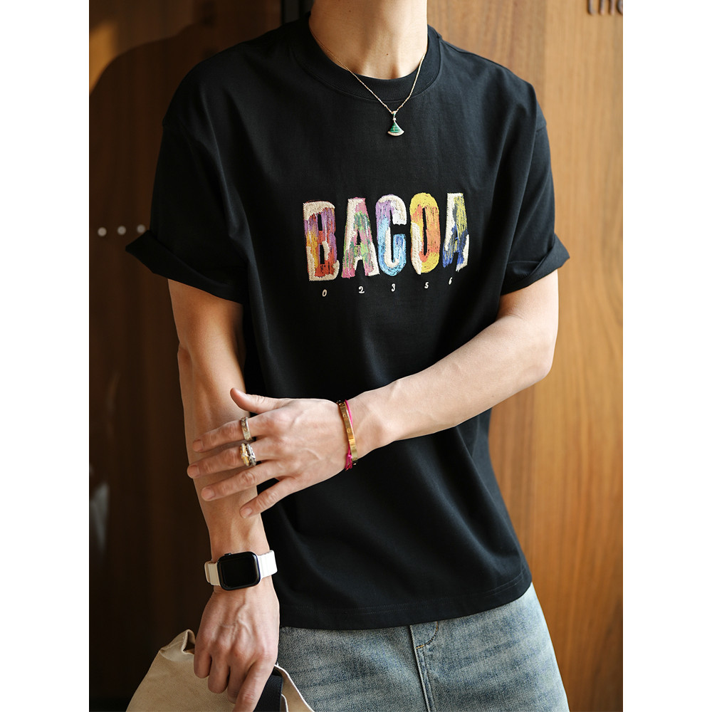 Estilo americano Street Wear contraste cor carta bordado em torno do pescoço de manga curta camiseta masculina primavera