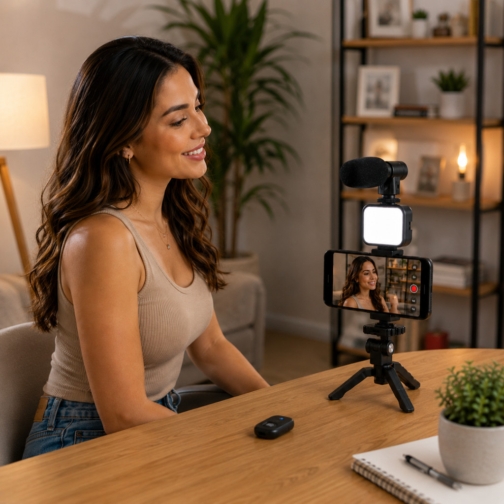 Kit Vlog Profissional Tripe Estabilizador LED Microfone Sem Fio Tripé Celular Controle Bluetooth