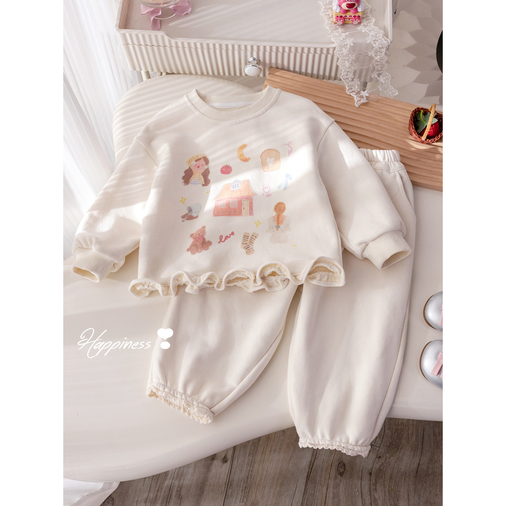 Meninas terno meninas terno 2026 novo estilo primavera moda dos desenhos animados rendas moletom calças da moda bebê men