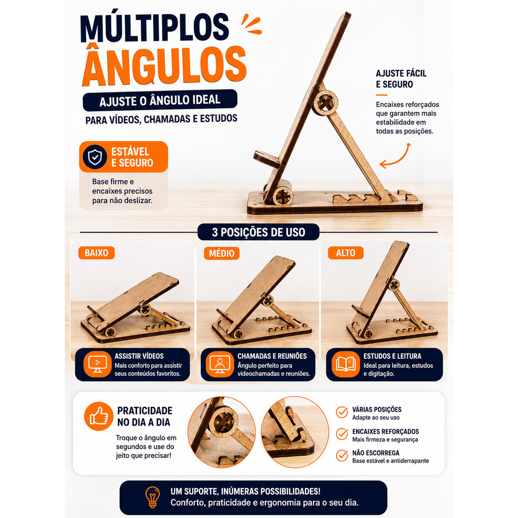 Kit 10 Suporte Celular Mesa Ajustável MDF Universal Porta Celular Dobrável