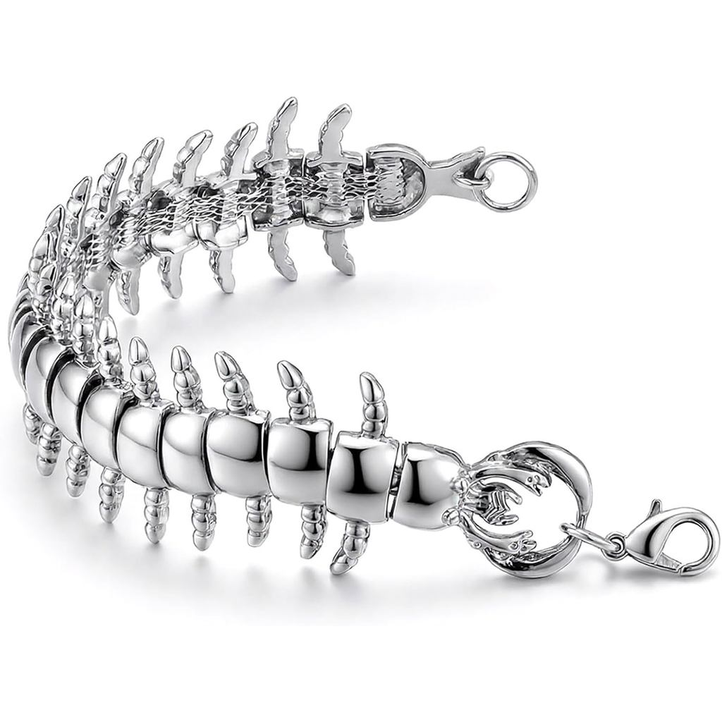 Pulseira Y2k, Bracelete Vintage Punk de Prata com Crânio, Escorpião, Centopéia e Espinhos, Joia Gótica para Mulheres