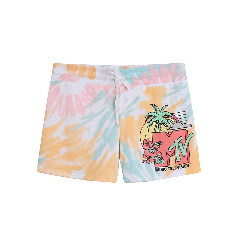Comércio exterior verão Tie-Dye dos desenhos animados impresso Shorts feminino cintura elástica rendas Casual fino velud