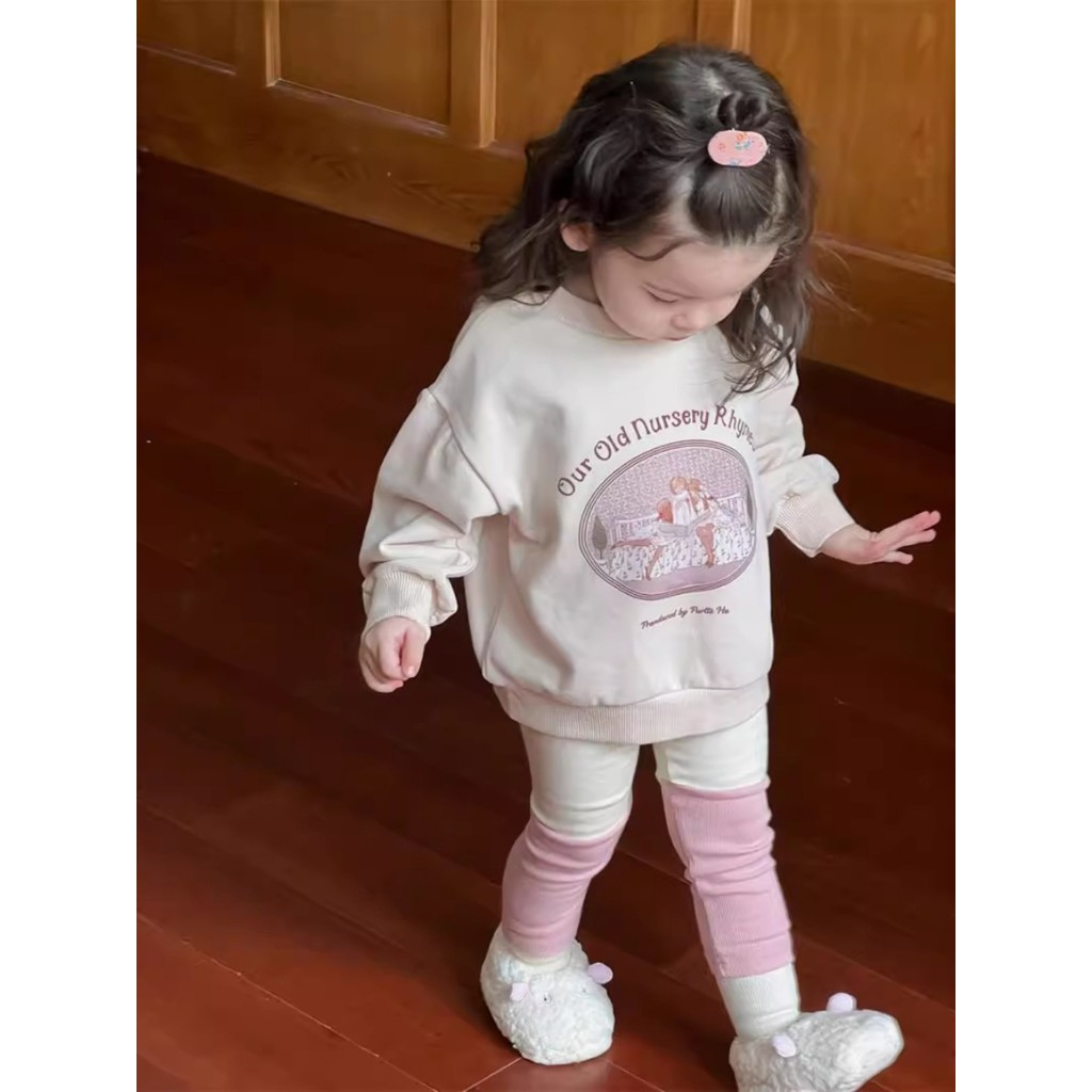 Coreano coreano meninas outono dos desenhos animados impresso moletom costura Leggings terno de duas peças crianças bebê