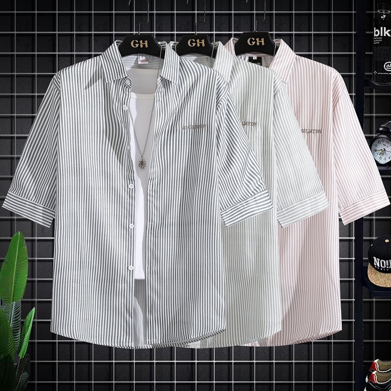 Camisa listrada de manga curta masculina não-ferro na moda verão 2026 novo estilo High-End Street Wear Casual camisa fin