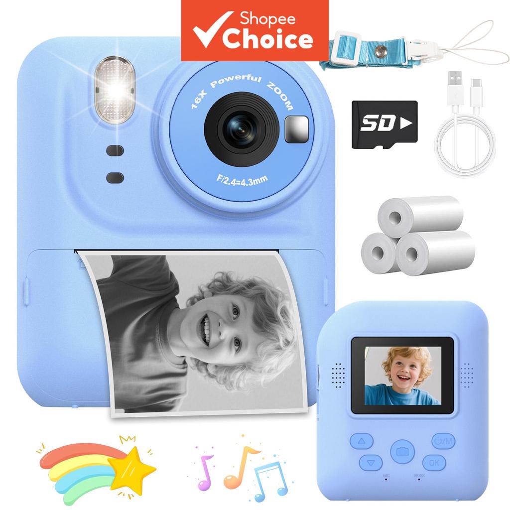 Câmera De Impressão Instantânea Para Crianças , Tela IPS HD De 2.0 " , Vídeo 1080P , Zoom 16X , 3 Rolos De Papel Térmico