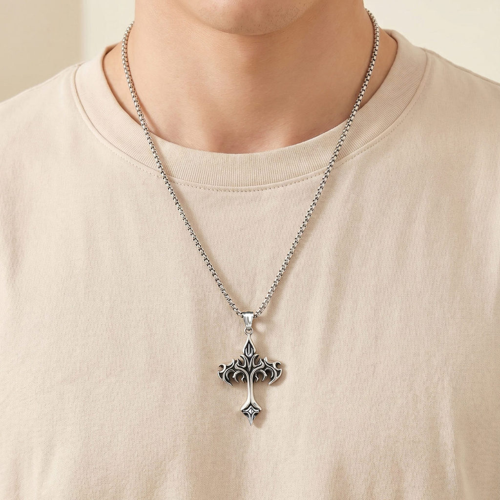 Colar Com Pingente De Cruz De Chama Vnox Para Homens, Corrente Católica De Aço Inoxidável Presente · foto 2