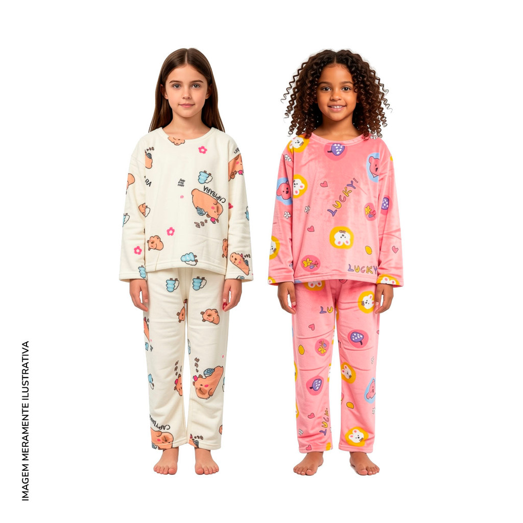 Conjunto pijama peluciado plush menina 5 a 14 anos inverno fofo confortável estampado pelinho
