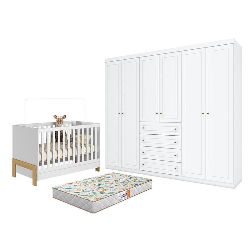 Berço Mini Cama Fantasia Branco Acetinado – Qmovi  e Guarda Roupa Casal 6 Portas Branco HP e Colchão Gazin – Henn