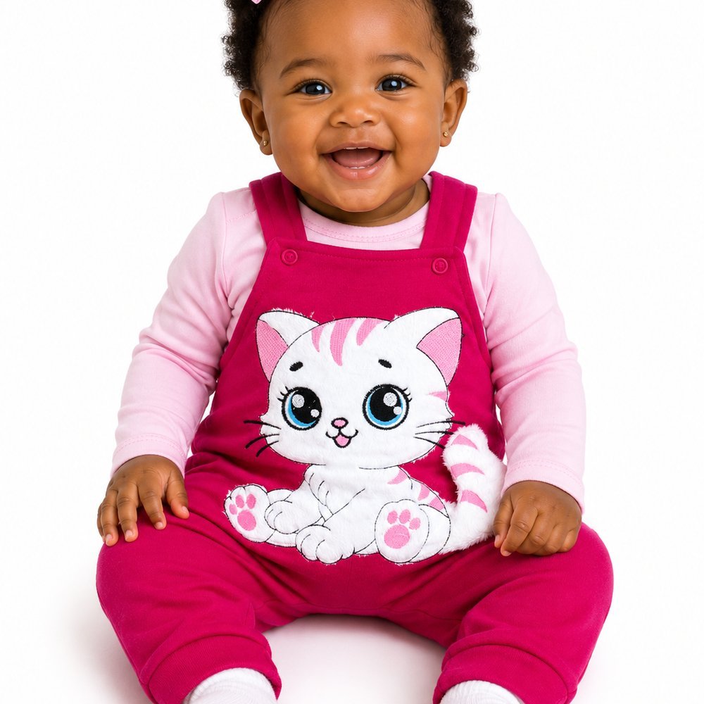 Conjunto Jardineira Bordada Gatinha com Body Manga Longa - Bebê Brincalhão