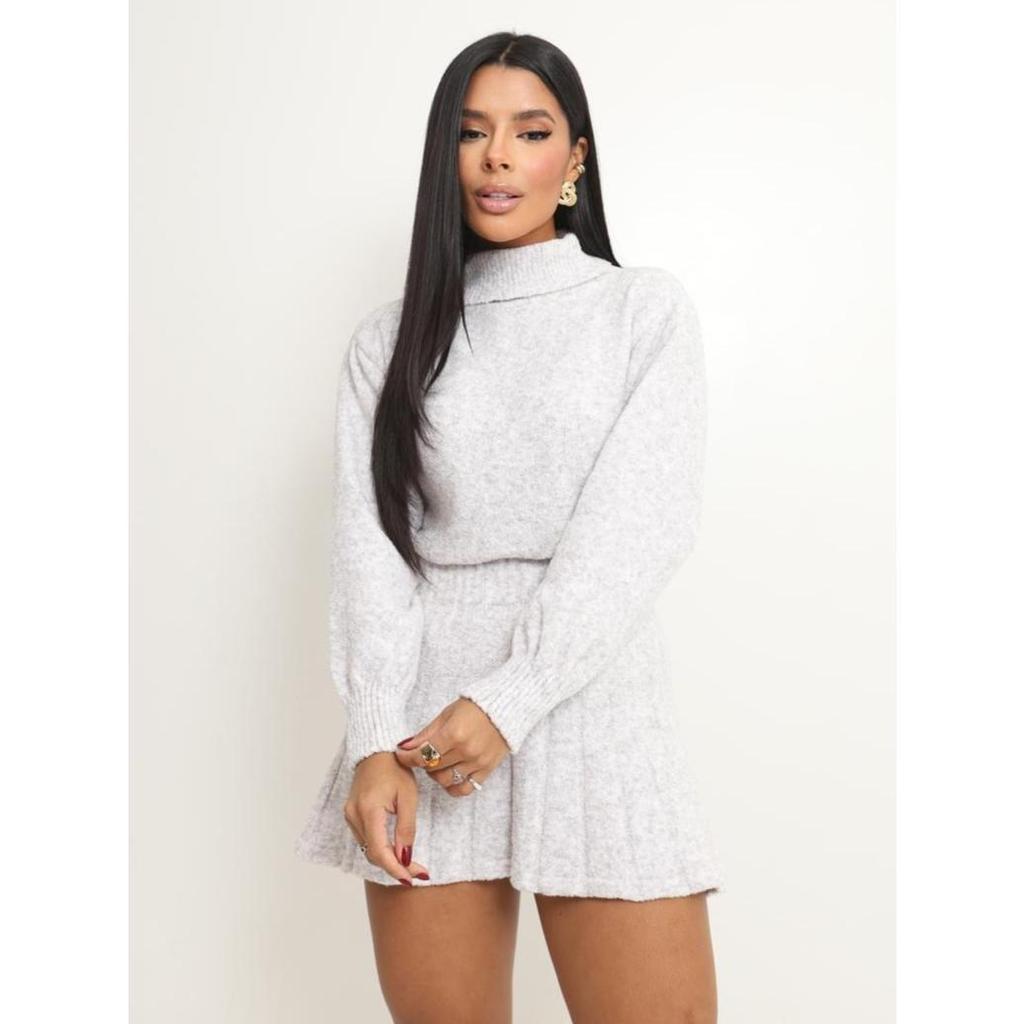 Conjunto fio mousse Saia plissada curta tricot canelada e blusa feminina elegante Gola Alta Outono Inverno Moda Feminina