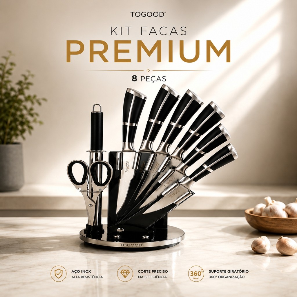 Kit Faqueiro Premium 8 Peças Aço Inox Com Suporte Giratório 360° Jogo Facas Cozinha Profissional Inox Preto