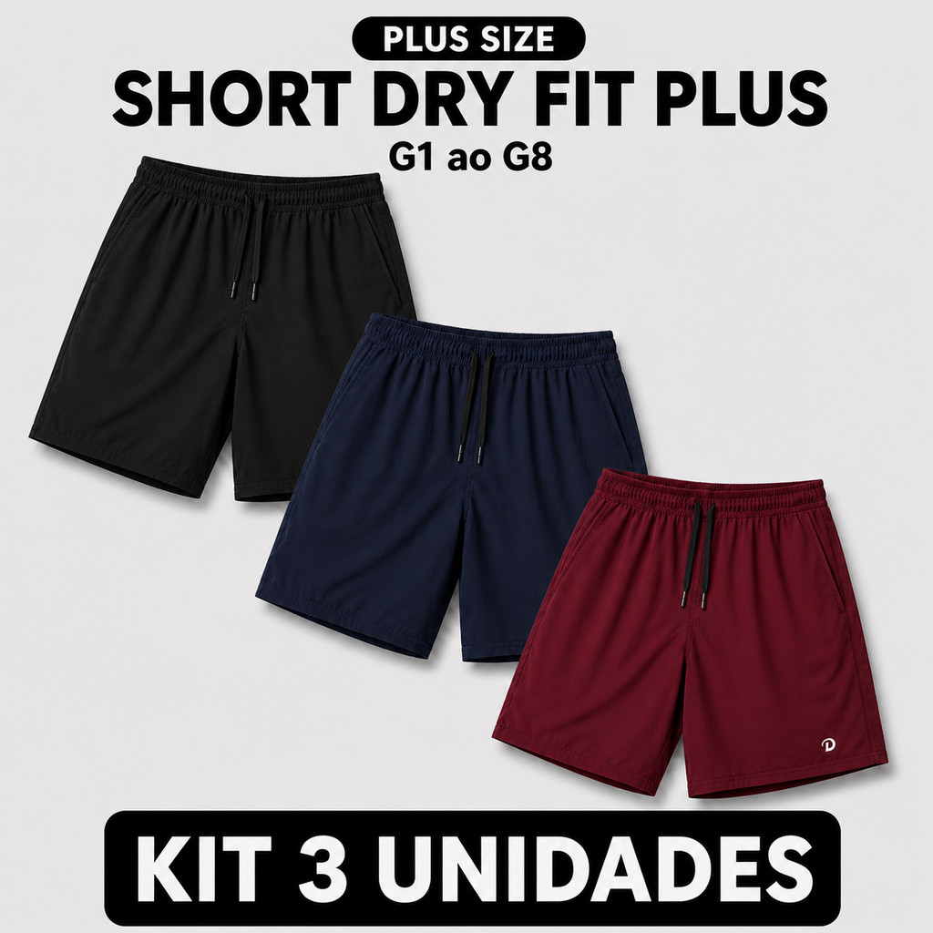 Shorts Dry Fit Plus Conjunto 3 Pecas Masculino Academia Caminhada Corrida Confortavel