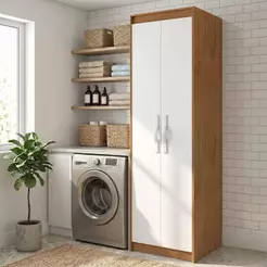 Armário Multiuso Lavanderia Davi 2 Portas 5 Nichos Amêndoa/Branco