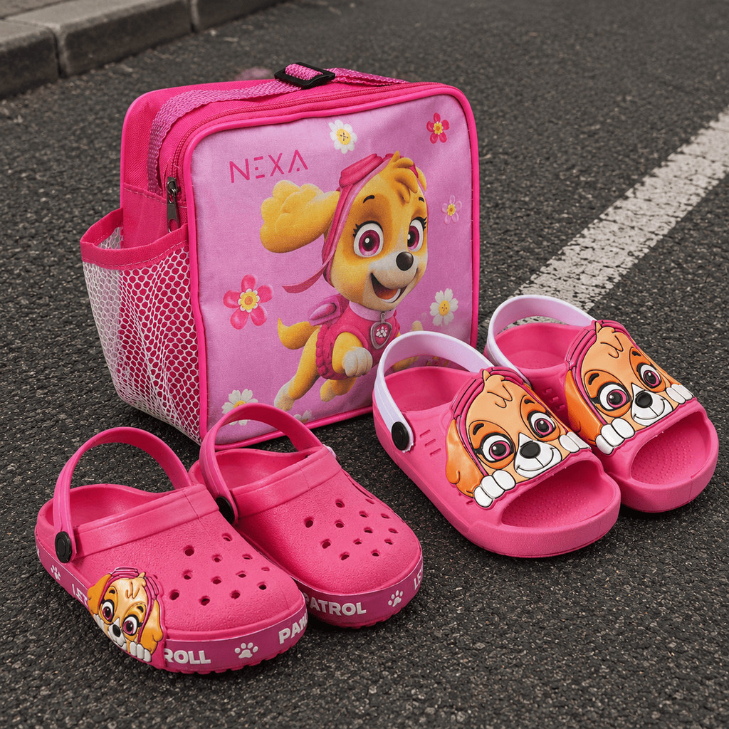Kit Menina 3 Em 1 Babuche Infantil + Sandália Confortável Com Lancheira Patrulha Escolar Marca Nexa
