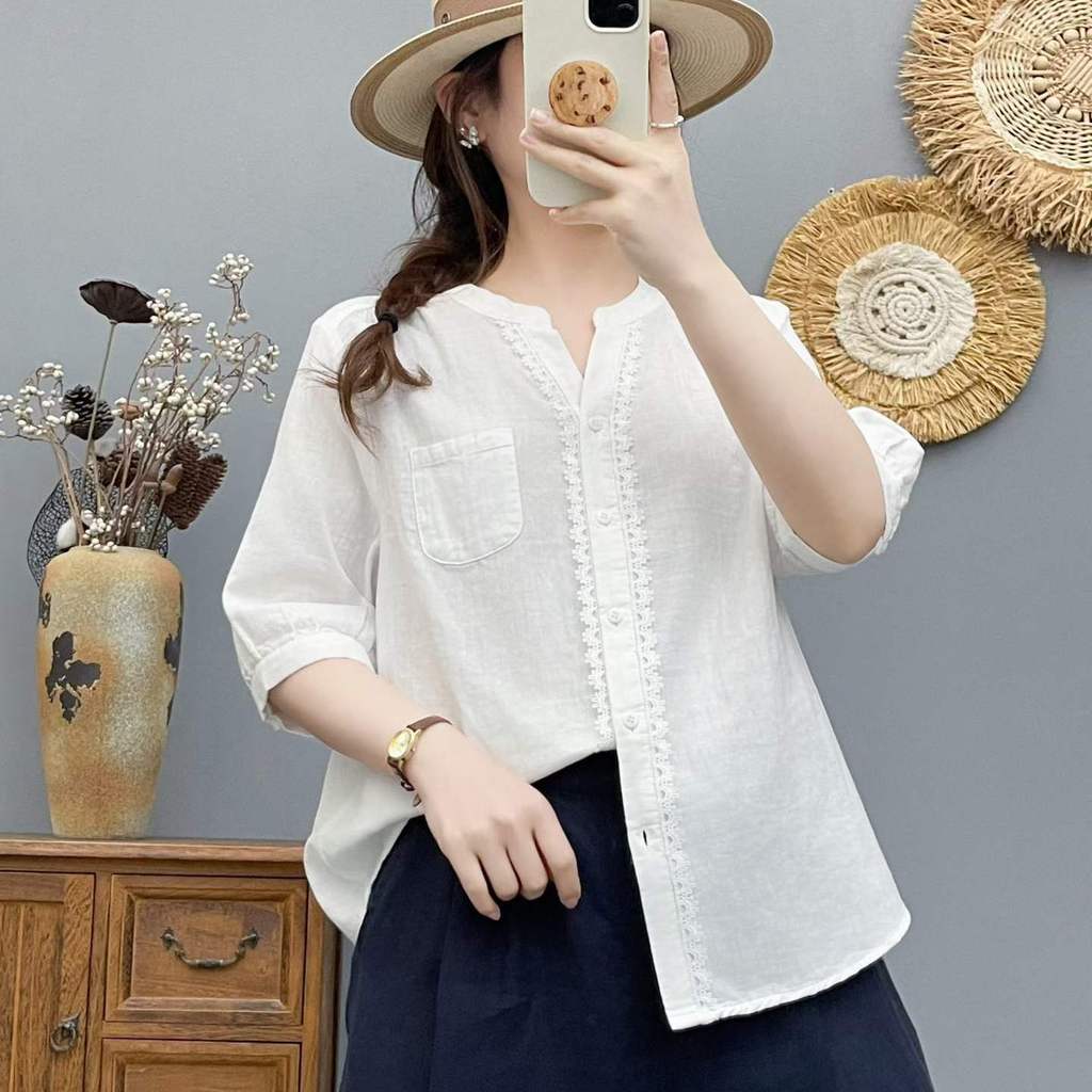 Mulheres De Alta Qualidade 100 % Algodão Fio Blusa Camisa Verão Novo Branco Com Decote Em V Indústria Pesada Renda Solta