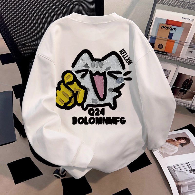Pesado americano versão coreana imitação bordado engraçado gatinho impresso puro algodão de manga comprida camiseta das 