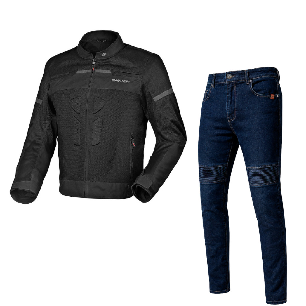 Kit Roupa de Moto Jaqueta Vent Shiver E Calça Jeans Azul Tech Kevlar Proteção Removível Masculina Do 38 a 46 P M G a 8G