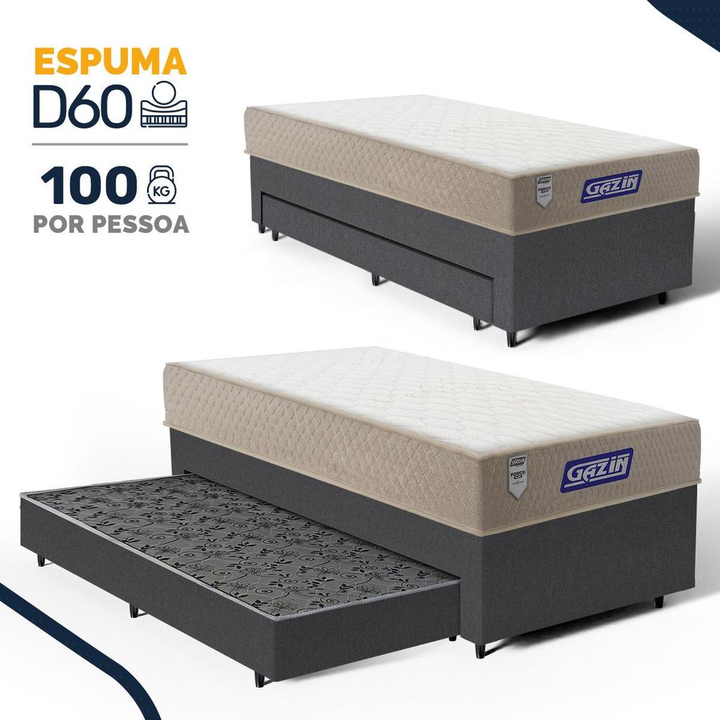 Cama Box com Colchão Gazin de Espuma D60 Double Face Force PLUS + Auxiliar de Molas Solteiro 88cm