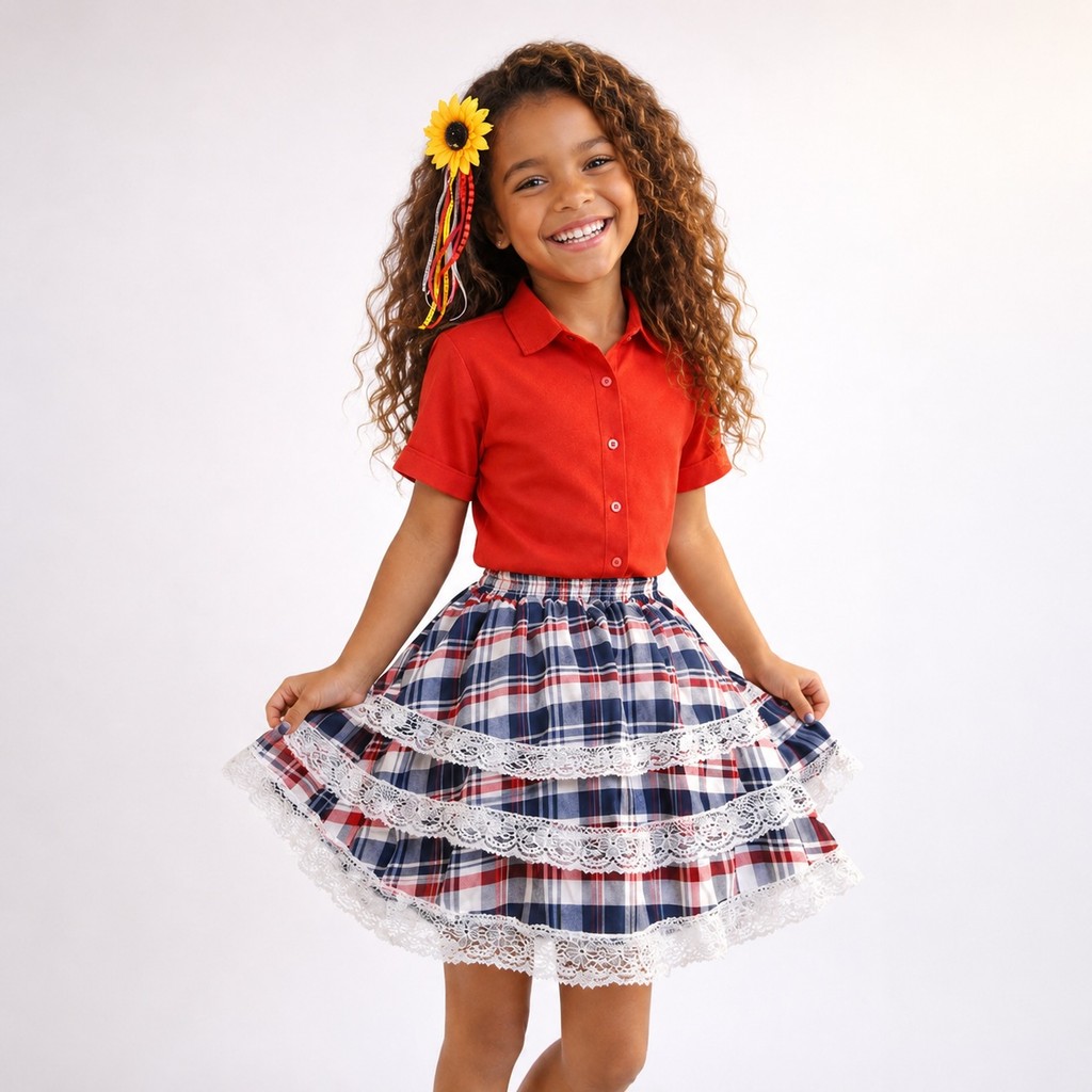 Saia Festa Junina Infantil e Teen Xadrez 3 Rendas Rodada + BRINDE Enfeite Girassol Envio Imediato