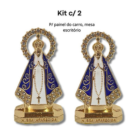 Kit 2 Imagens Nossa Senhora Aparecida Metal Com Lustre Para Carro , Mesa , Escritório
