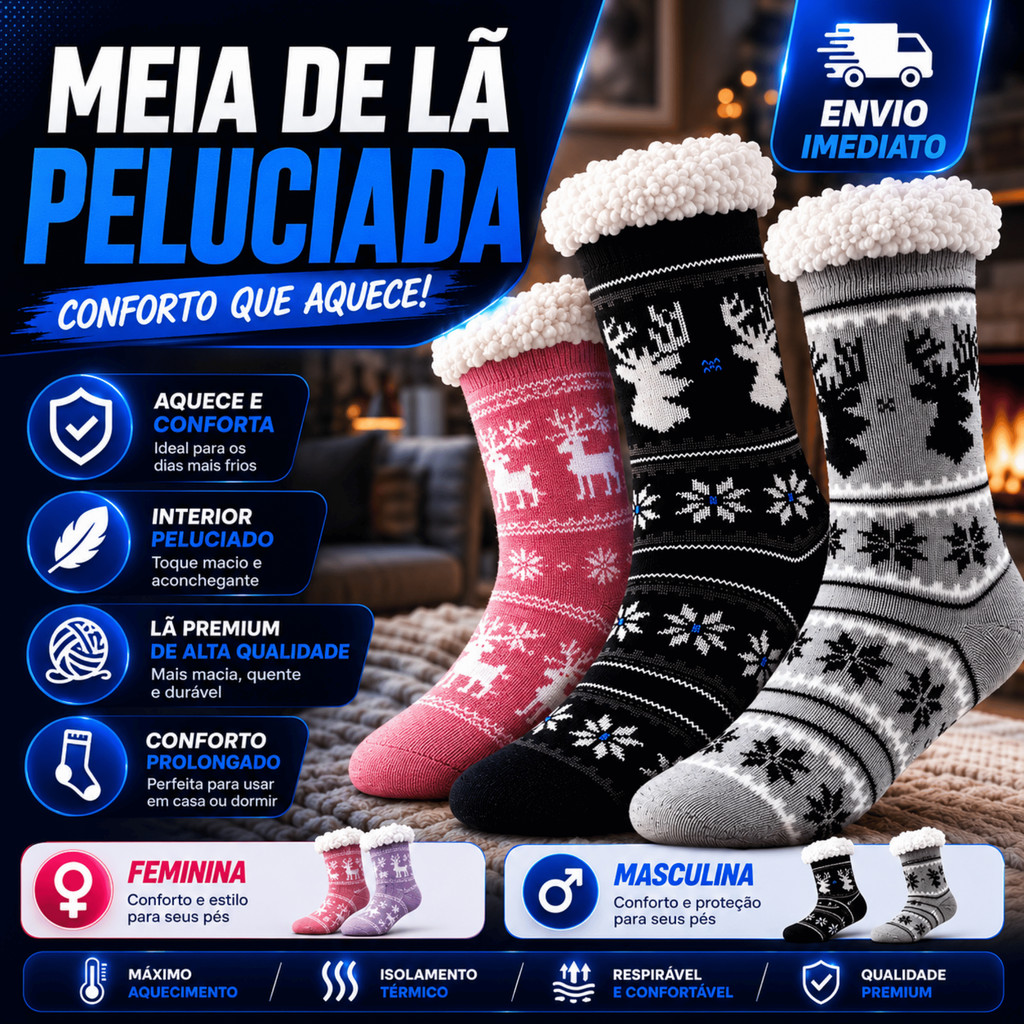 Meia Masculina Feminina Térmica Adulto Com Forro de Lã Grossa Inverno Pelinho Cano Alto