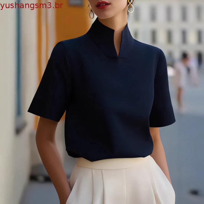 Breathable Blouse Women Shirt Women’s V-neck Stand Collar Loose Fit Pullover Top Soft Stretchy Pure Color Wear Comfort
