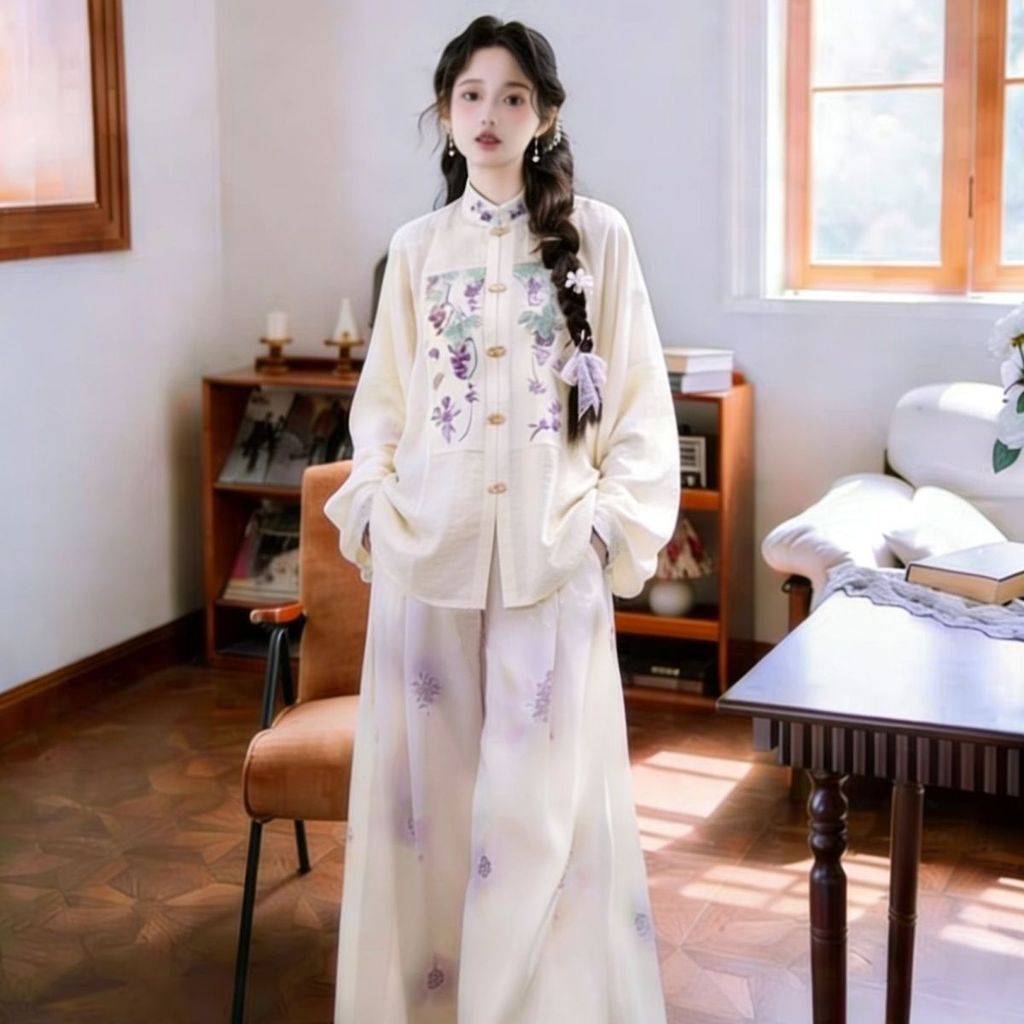 Novo estilo chinês bordado gola alta camisa conjunto estilo chinês solto par topo + Chiffon calças de perna larga dois-