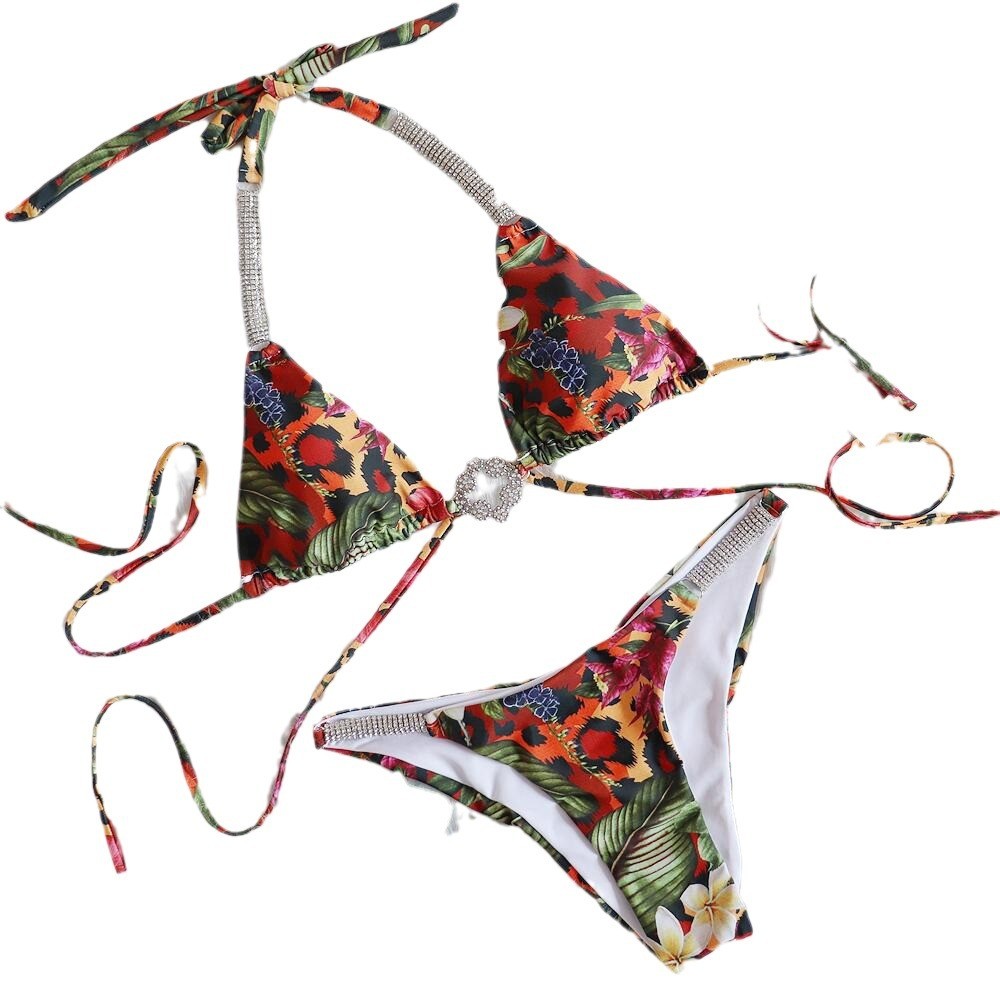 Sexy Laced-Up Maiô Luxo Strass Biquíni Flor Tropical Maiô