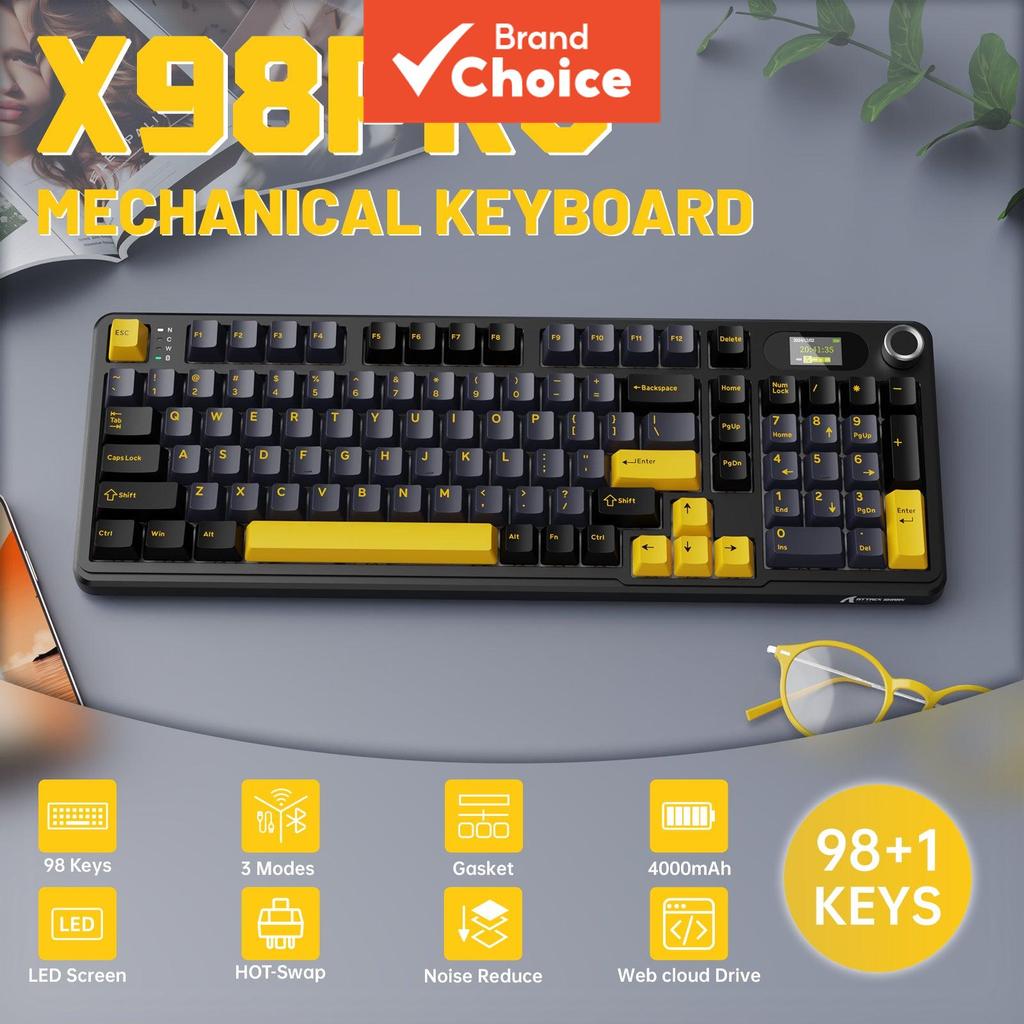 Teclado Mecânico Sem Fio Attack Shark X98 Pro 3 modos 80% Gasket Hot-Swap RGB com tela TFT e bateria de 4000mAh BT/2.4G