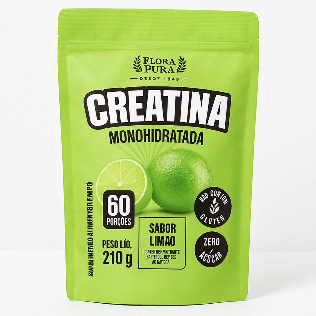 Creatina Sabor Limão Flora Pura 210g – 100% Pura, Suplemento para Desempenho Físico e Massa Magra