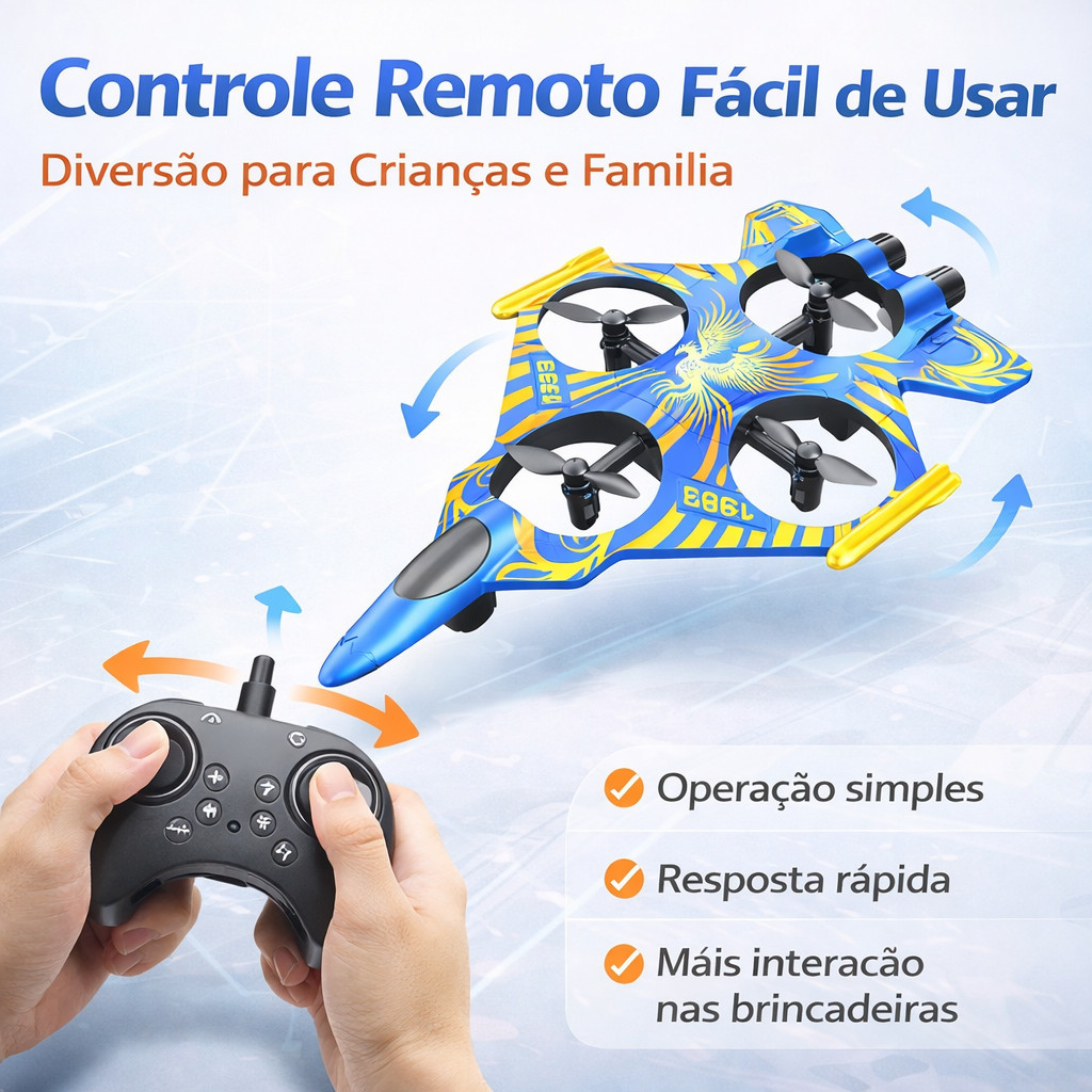 Drone Infantil Avião com Controle Remoto Recarregável USB 4 Hélices LED ANJGG BRASIL