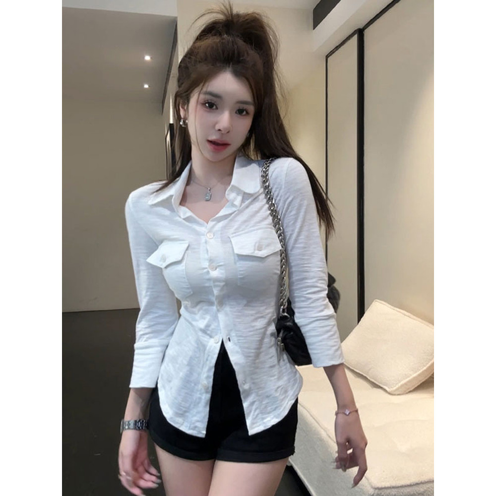 Camisa polo branca de manga média, protetor solar, camisa feminina de verão, camisa externa fina, cintura estreita, apar