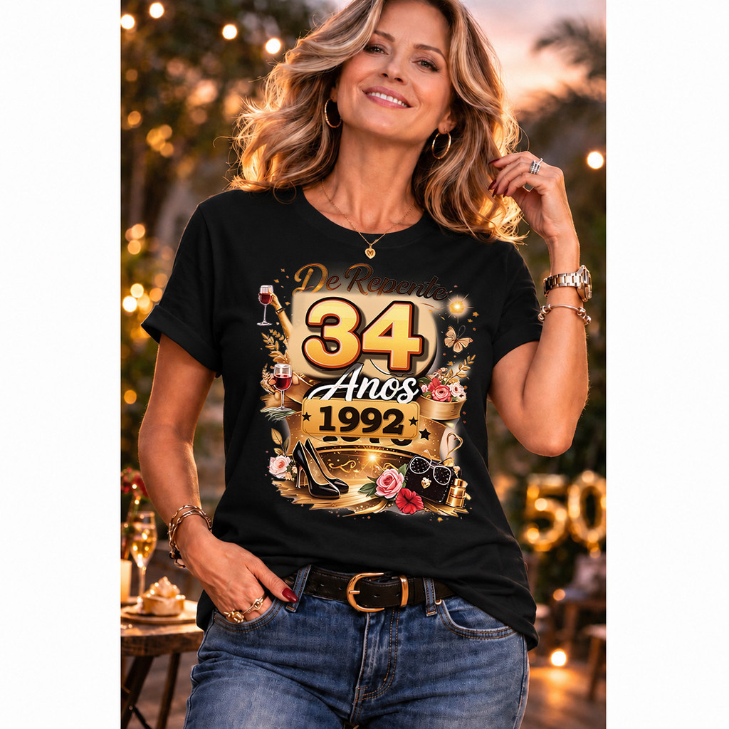 [Camiseta Premium em Algodão Puro]VU Masculino Curto Anos 1992 Aniversário 34 anos Elegante Festivo Ocasional