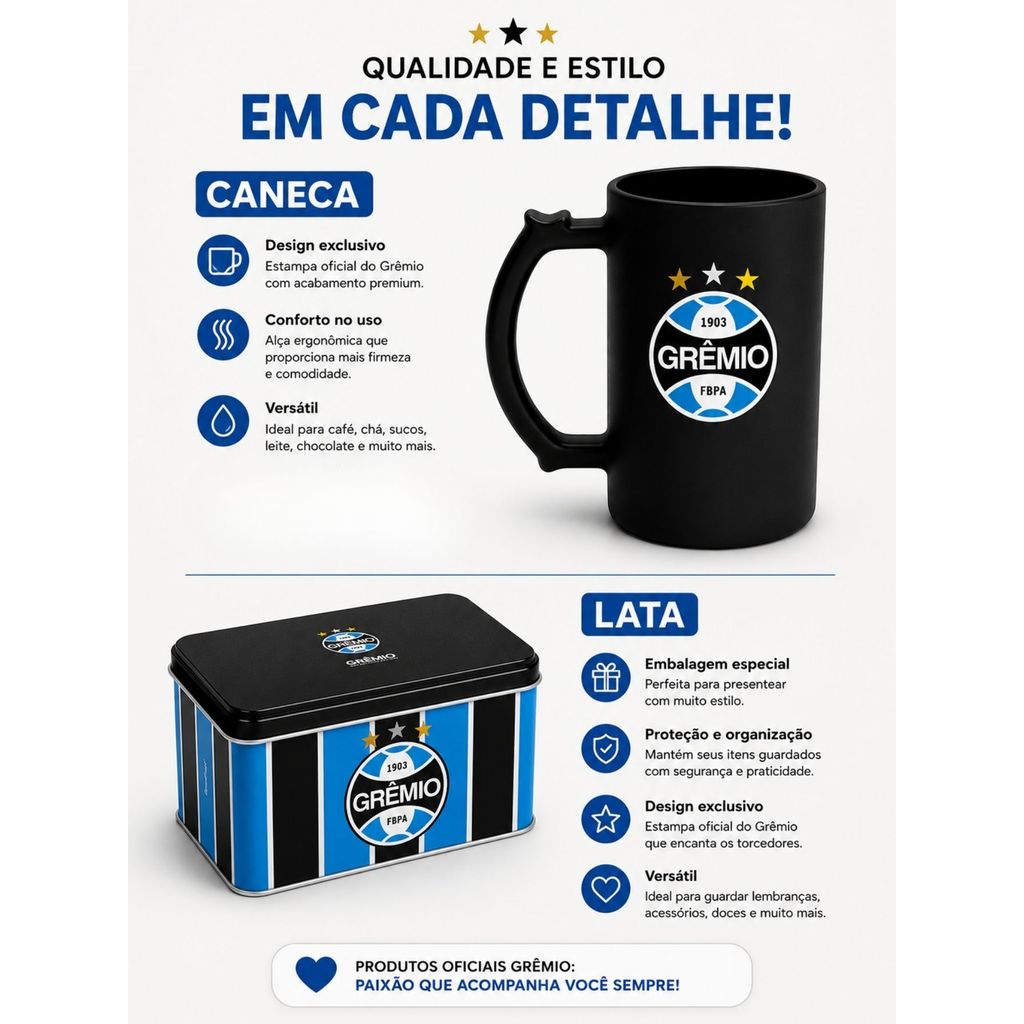 Caneca Oficial Grêmio 480ml Com Lata Grande Preto Fosco Presente Premium Licenciado Original Berlim