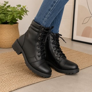 Coturno Feminino Bota Cano Curto Preto Salto Tratorado Baixo Conforto Estilo Tendência preto