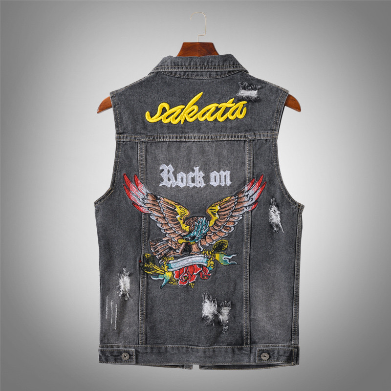Social na moda cinza bordado rasgado Denim colete masculino versão coreana magro-ajuste tamanho grande sem mangas colete