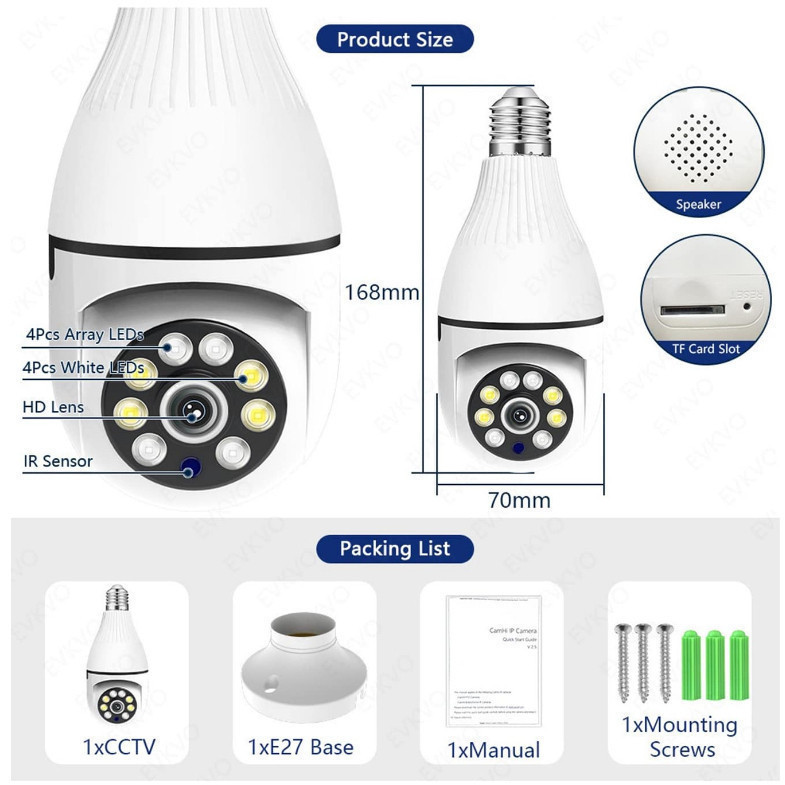 2/4 Câmeras segurança wifi ip sem fio 360 com encaixe lampada bocal PTZ full HD visão noturna — imagem 2 de 2