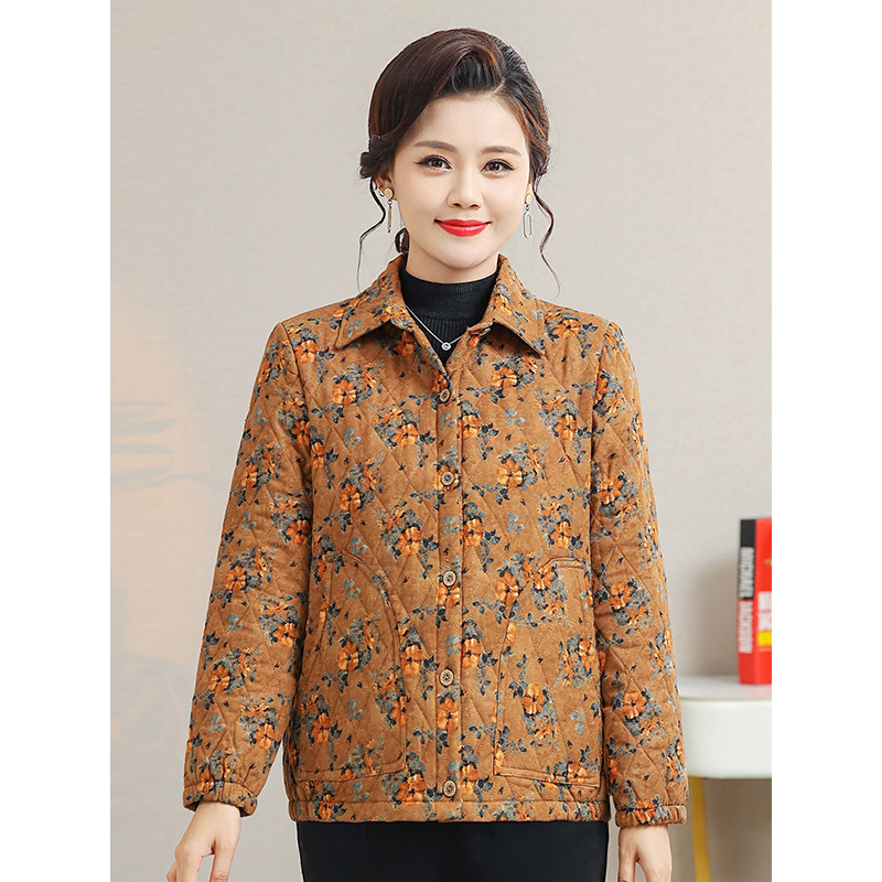 Roupas femininas idosas de meia-idade Roupas de mãe Floral Fino Roupas acolchoadas de algodão Roupas de outono Camisa de