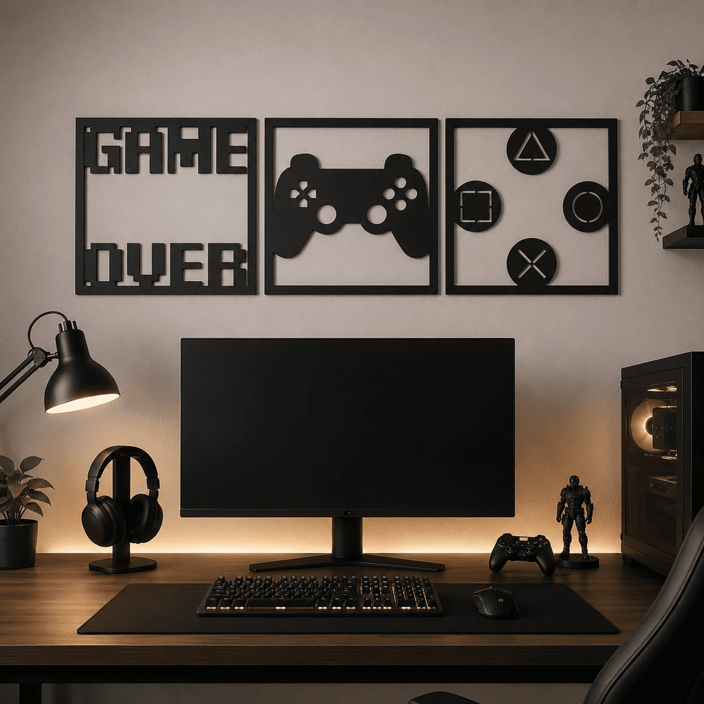 Kit 3 Quadros Decorativos Gamer MDF Preto 3mm Para Quarto Gamer Sala Parede Game Over Controle 30x30 15x15
