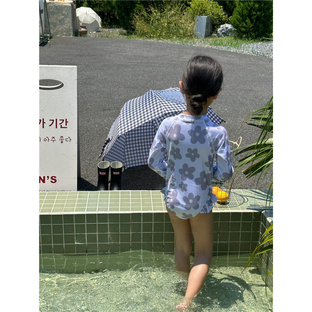Menina bebê flor crianças maiô de manga comprida protetor solar coreano renda maiô férias maiô de uma peça S