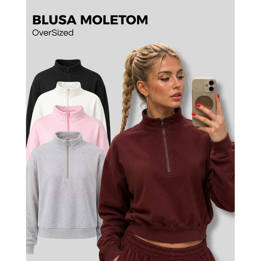 Blusa De Frio Casaco fechado Moletom Feminina Com Ziper Liso Várias Cores Com Plus Size, Mid Size
