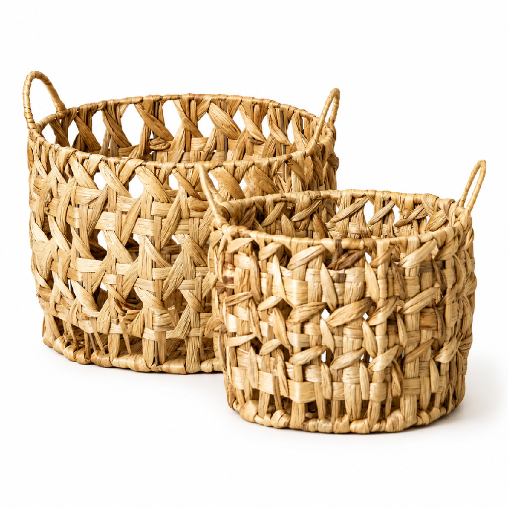 Kit 2 Cestos Organizadores de Fibra Natural Tamanho P e M Cesto Decorativo Palha Roupas Lavanderia Sala Quarto Bebê