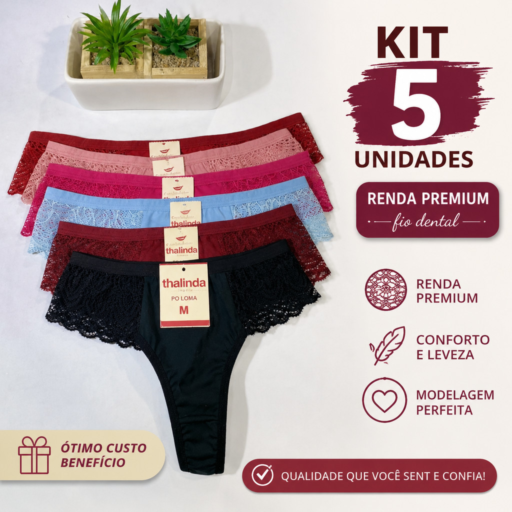 Kit 5 Calcinhas Alice Fio Dental E Renda Na Lateral Lingerie Feminina