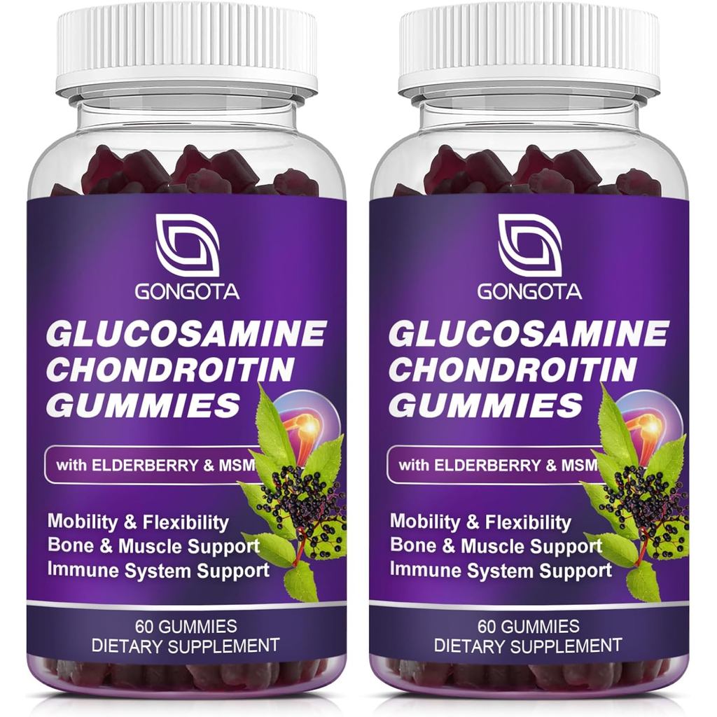 Gomas de Glucosamina e Condroitina - Pacote com 2, Força de 1500mg de Glucosamina com MSM e Sabugueiro, Suporte à Flexib